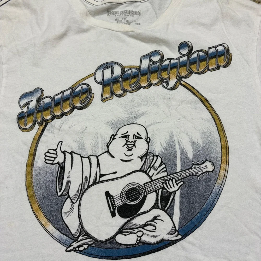 True Religion Mens World Tour Buddha Guitar Graphic T-Shirt Cream Small ws